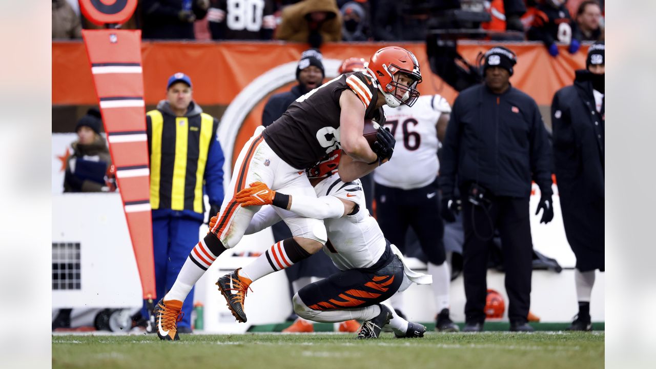 Cincinnati Bengals linebacker Akeem Davis-Gaither (59) celebrates a tackle  with Cincinnati Bengals wide receiver Stanley Morgan (17) during the second  half of the NFL AFC Championship playoff football game against the Kansas