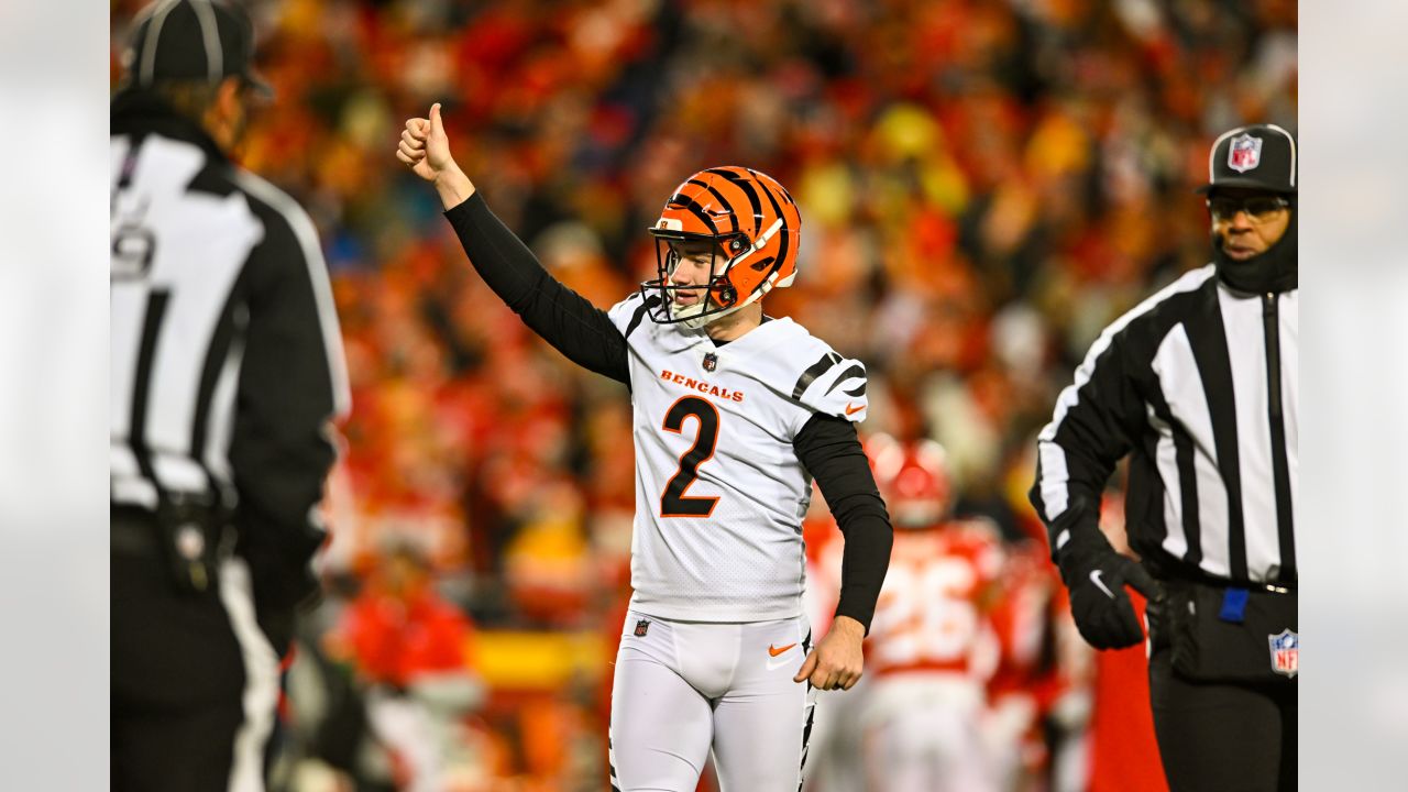 The Bengals' Evan McPherson with the celebration of missed field goal