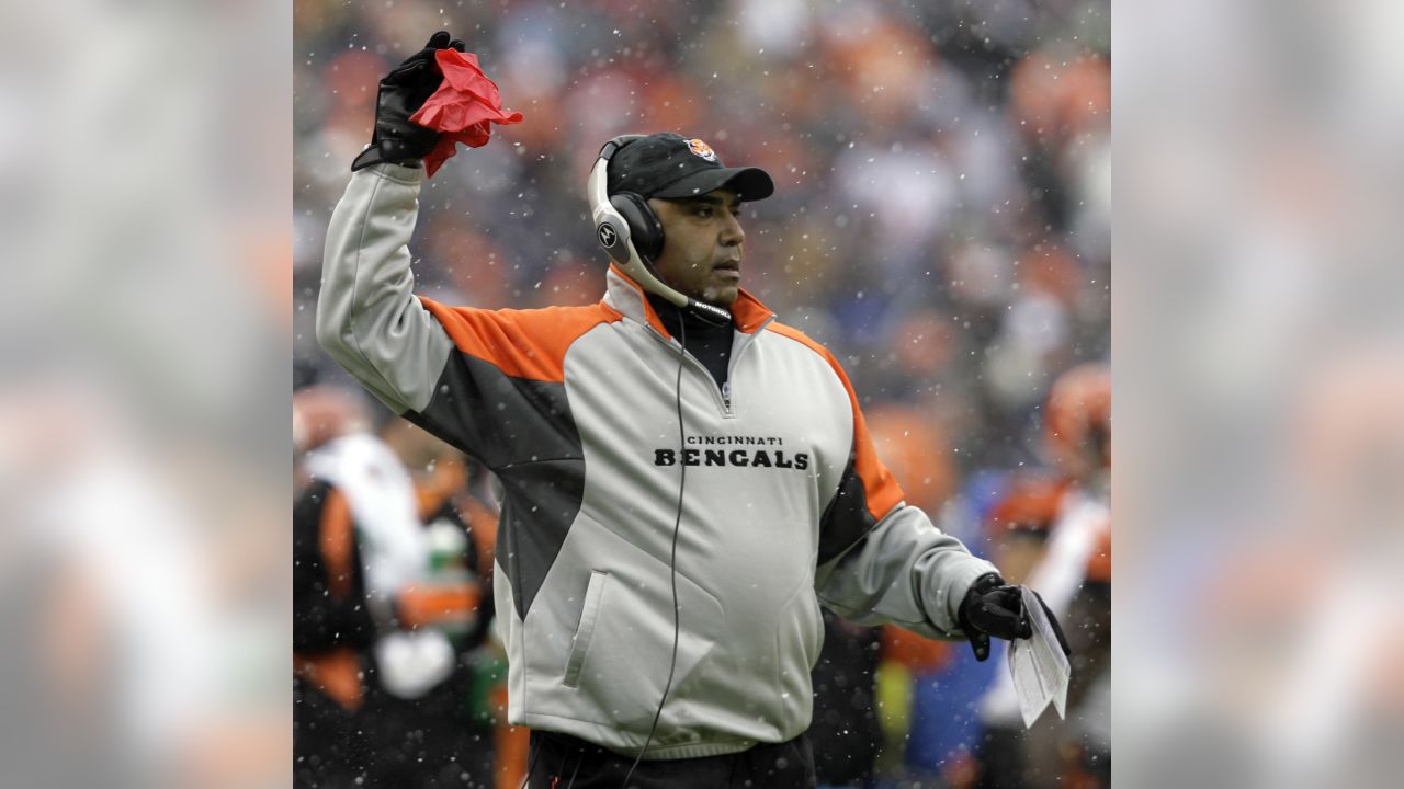 Cincinnati Bengals head coach Marvin Lewis tosses a ball before an