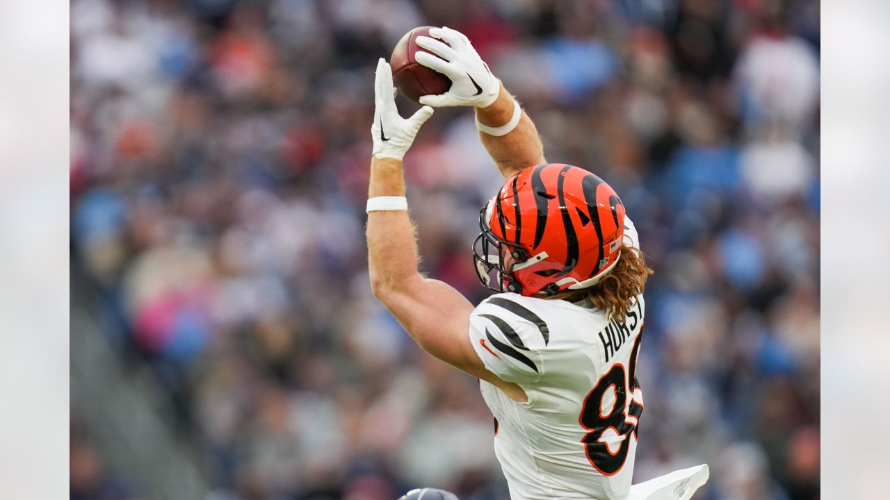 Cincinnati Bengals tight end Hayden Hurst leaps after a reception against  the Tennessee Titans during the first half of an NFL football game, Sunday,  Nov. 27, 2022, in Nashville, Tenn. (AP Photo/Gerald