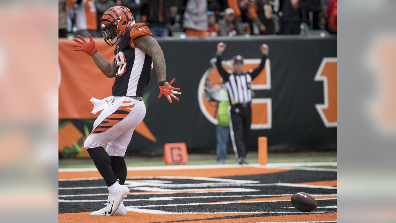 Cincinnati Bengals running back Joe Mixon (28) greets military