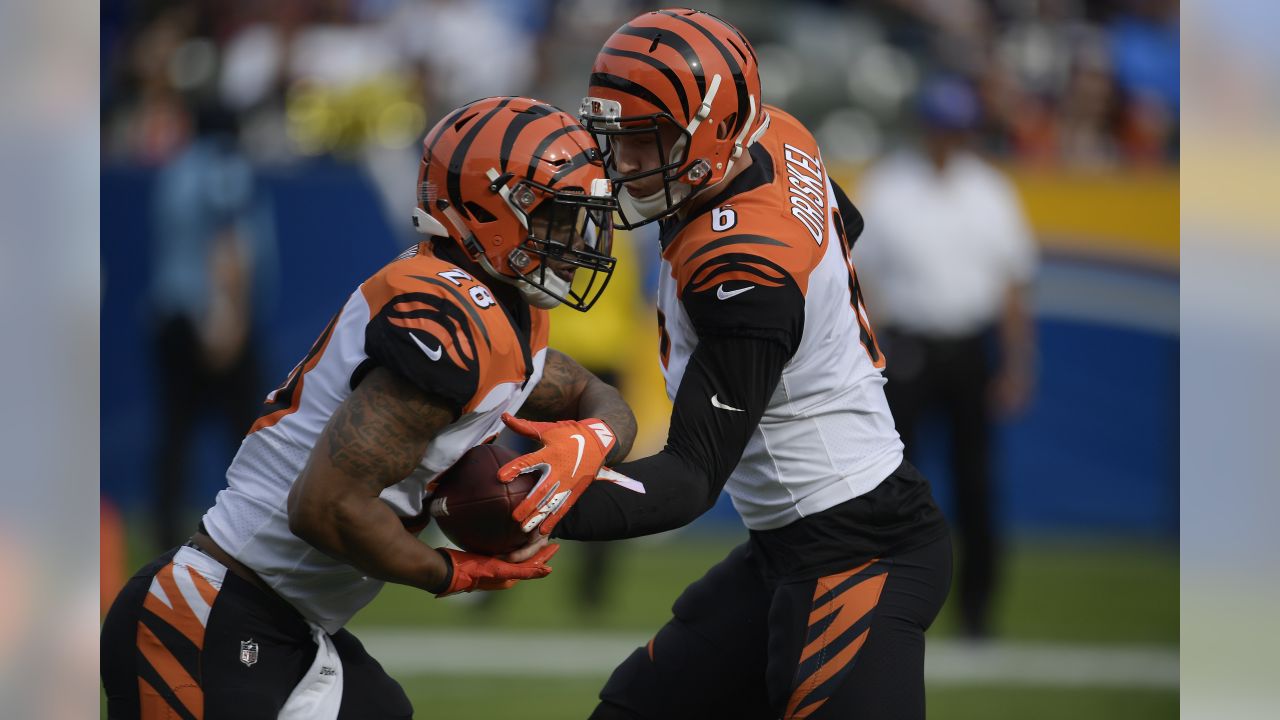 Carson, California, USA. 9th Dec 2018. Los Angeles Chargers defensive back  Adrian Phillips #31 and Cincinnati Bengals center Trey Hopkins #66 former  Longhorns after the Cincinnati Bengals vs Los Angeles Chargers at