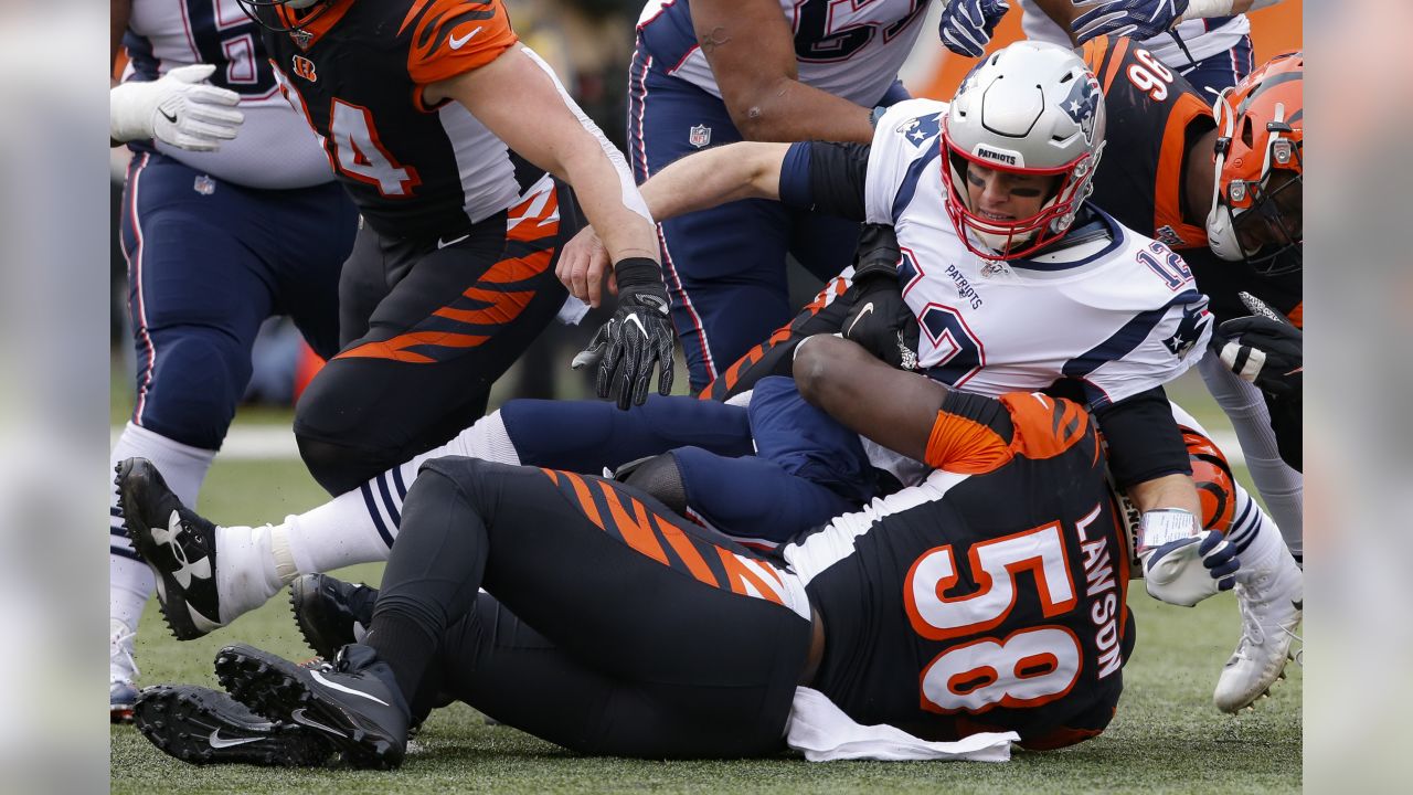 December 15, 2019: Carlos Dunlap (96) of the Cincinnati Bengals sacks Tom  Brady (12) of the New England Patriots during a game between the New  England Patriots and the Cincinnati Bengals at