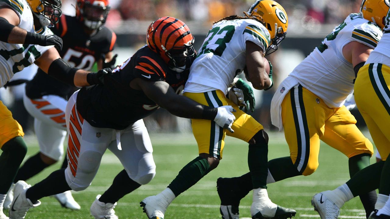 Cincinnati Bengals linebacker Logan Wilson (55) celebrates a missed field  goal during an NFL football game against the Green Bay Packers, Sunday,  Oct. 10, 2021, in Cincinnati. (AP Photo/Zach Bolinger Stock Photo - Alamy