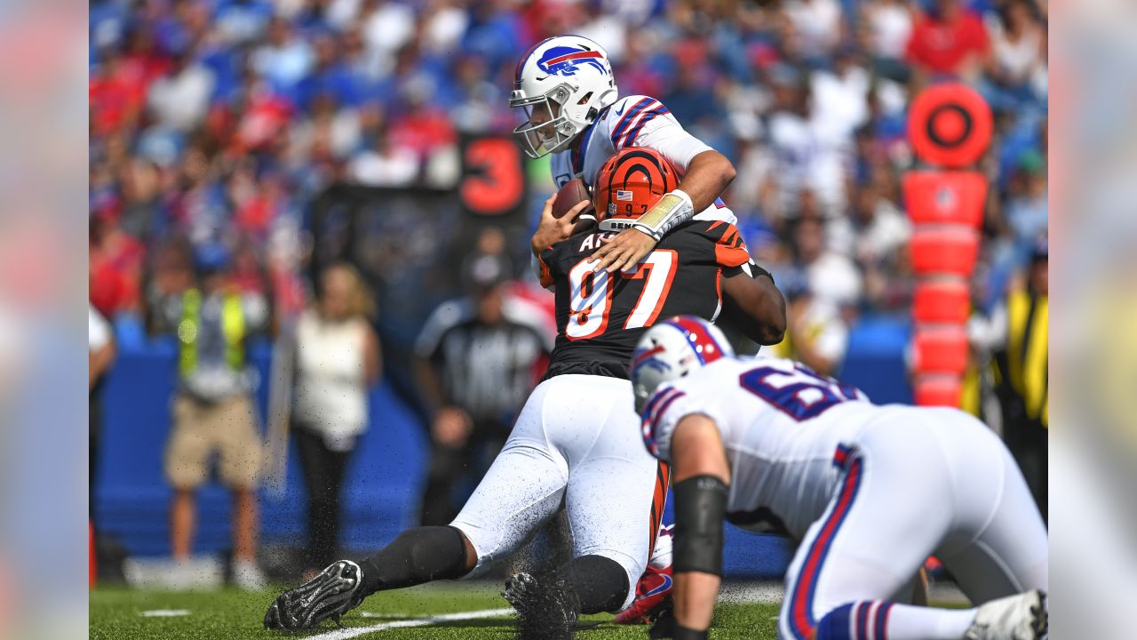 Buffalo Bills quarterback Josh Allen looks to throw during the first half  of an NFL football game against the Philadelphia Eagles, Sunday, Oct. 27,  2019, in Orchard Park, N.Y. (AP Photo/John Munson