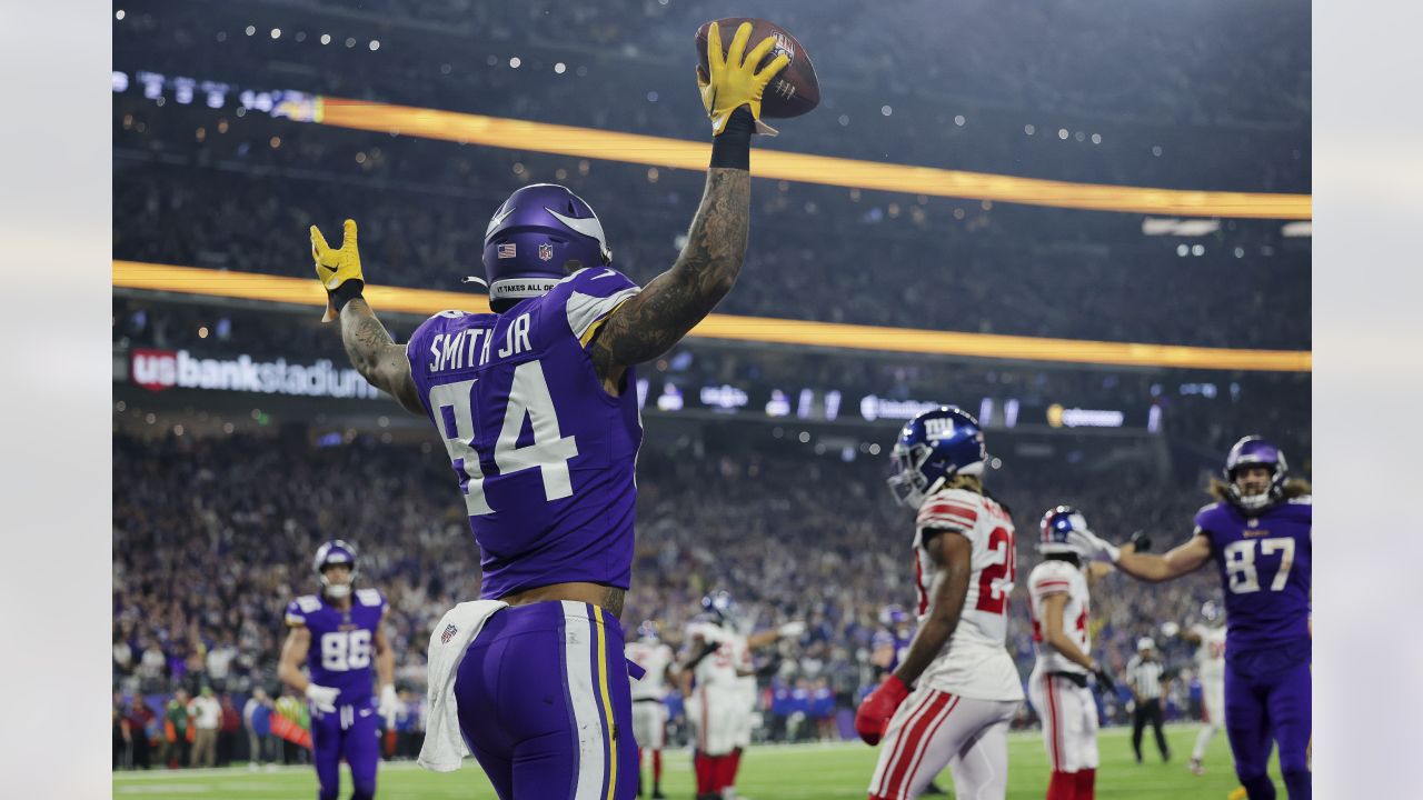 Minnesota Vikings tight end Irv Smith Jr. (84) lines up for the snap during  an NFL football game against the Philadelphia Eagles on Monday, September  19, 2022, in Philadelphia. (AP Photo/Matt Patterson