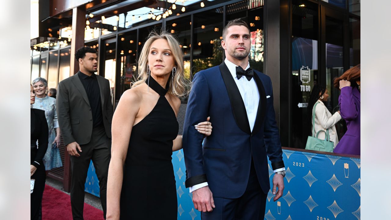 Sam Hubbard Suits Up in Shiny Loafers at NFL Honors Red Carpet