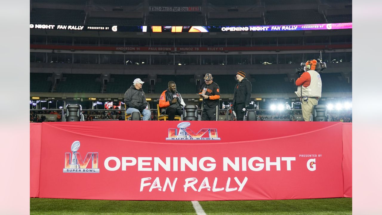 Cincinnati Bengals quarterback Joe Burrow stands next to the AFC  Championship trophy during the Super Bowl LVI Opening Night Fan Rally,  Monday, Feb. 7, 2022, in Cincinnati. (AP Photo/Jeff Dean Stock Photo 