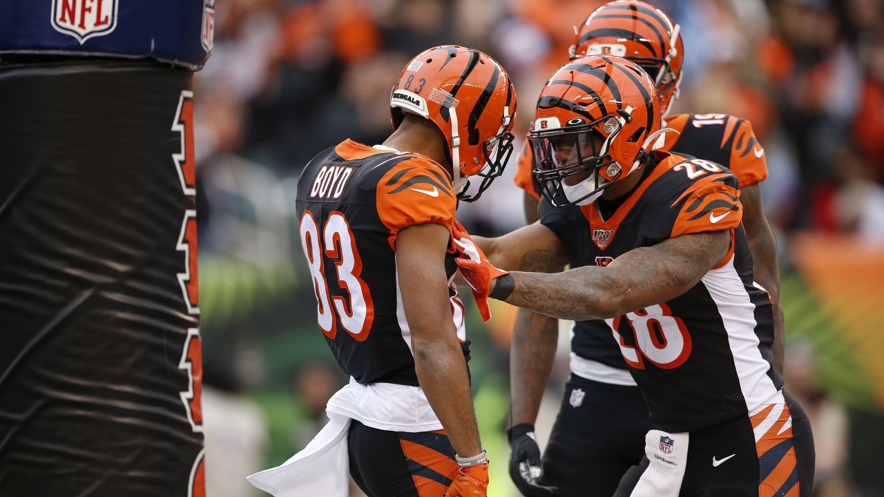 Cincinnati Bengals wide receiver Tyler Boyd scores a touchdown during the  first half of an NFL football game against the New York Jets, Sunday, Dec.  1, 2019, in Cincinnati. (AP Photo/Frank Victores