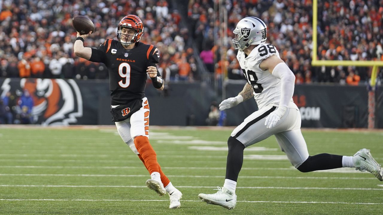 Las Vegas Raiders defensive end Maxx Crosby (98) looks on from the sideline  during an NFL Wild-Card Playoff football game against the Cincinnati  Bengals, Saturday, Jan. 15, 2022. The Bengals defeated the