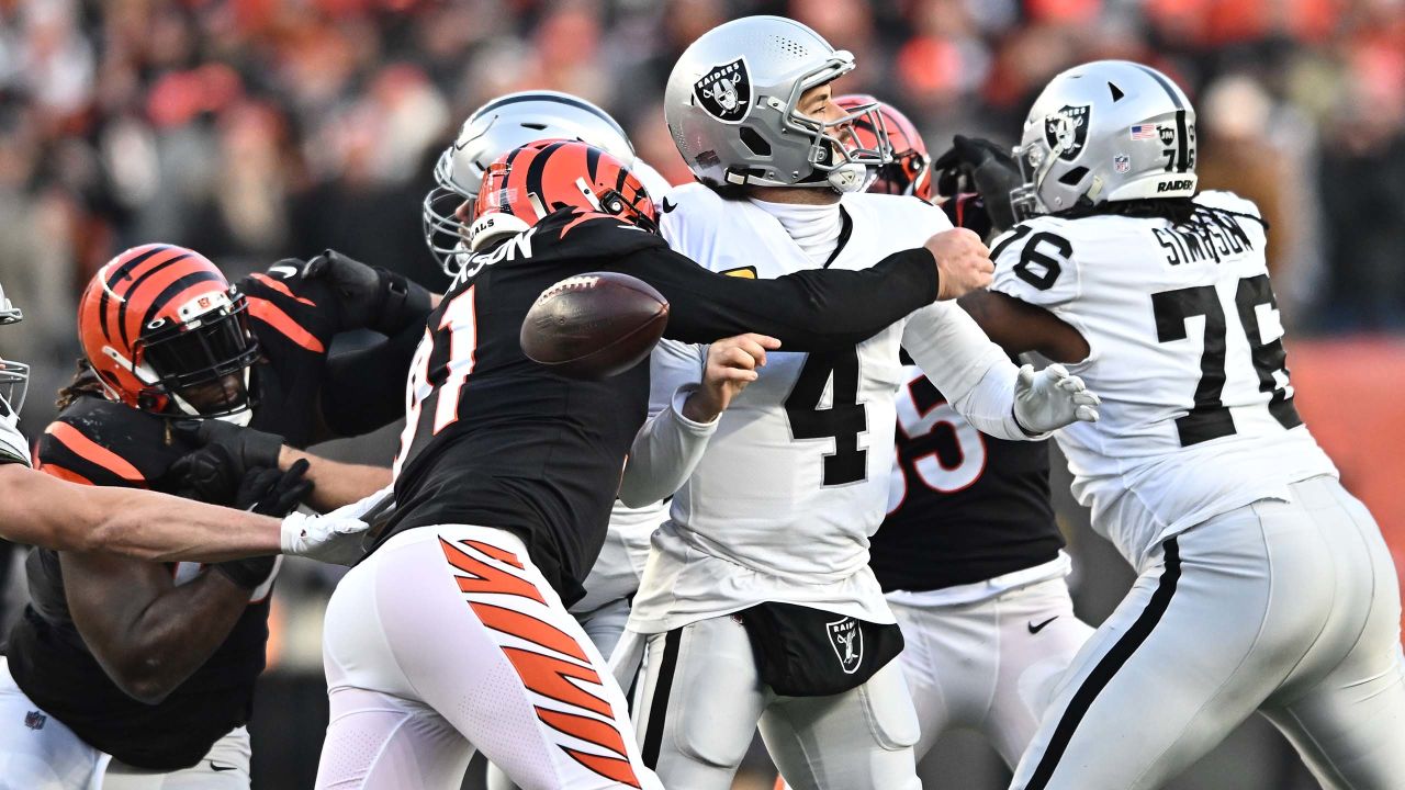 Cincinnati Bengals defensive end Trey Hendrickson (91) reacts after forcing  a fumble in the end zone against the Baltimore Ravens in the first half of  an NFL football game in Cincinnati, Sunday