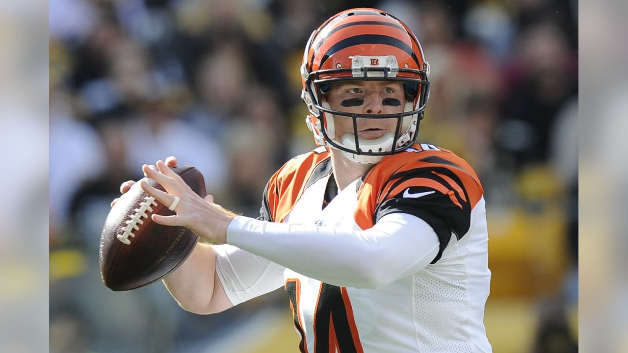 Cincinnati Bengals quarterback Andy Dalton (14) jogs off the field  following the come from behind 16-10 Bengals win against the Pittsburgh  Steelers at Heinz Field in Pittsburgh on November 1, 2015. Photo