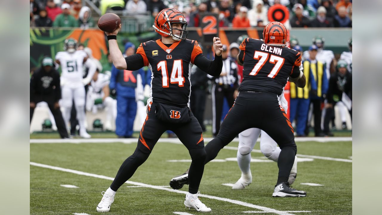 Cincinnati Bengals quarterback Andy Dalton (14) jogs off the field  following the come from behind 16-10 Bengals win against the Pittsburgh  Steelers at Heinz Field in Pittsburgh on November 1, 2015. Photo