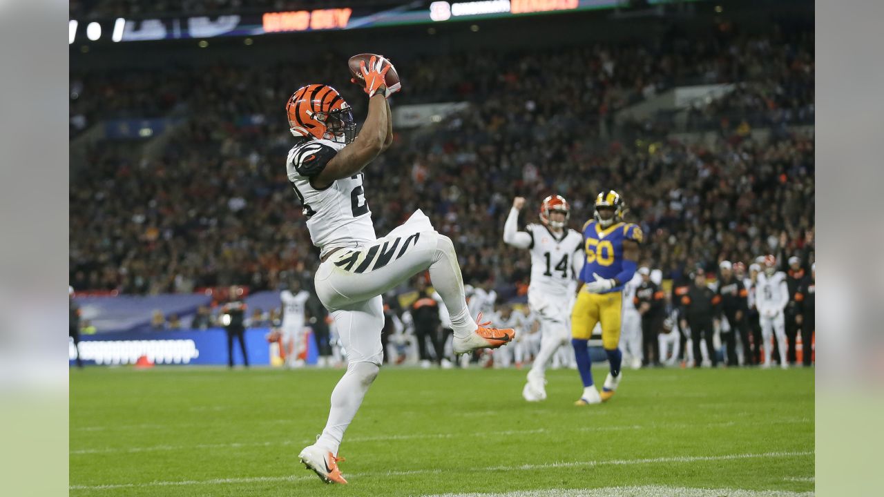 Los Angeles Rams inside linebacker Ernest Jones (50) hits Cincinnati Bengals  running back Joe Mixon (28) during the second half of the NFL Super Bowl 56  football game Sunday, Feb. 13, 2022