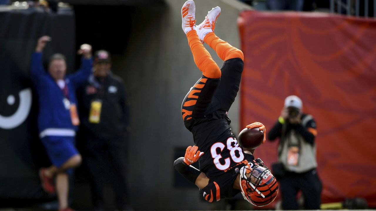 Cincinnati Bengals running back Samaje Perine (34) warms up before taking  on the New York Jets in an NFL football game, Sunday, Oct. 31, 2021, in  East Rutherford, N.J. (AP Photo/Adam Hunger
