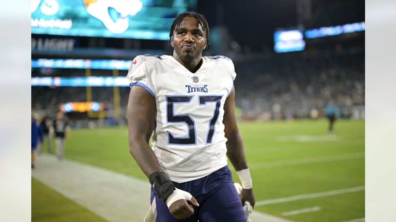 Tarell Basham of the Tennessee Titans defends against the Dallas News  Photo - Getty Images