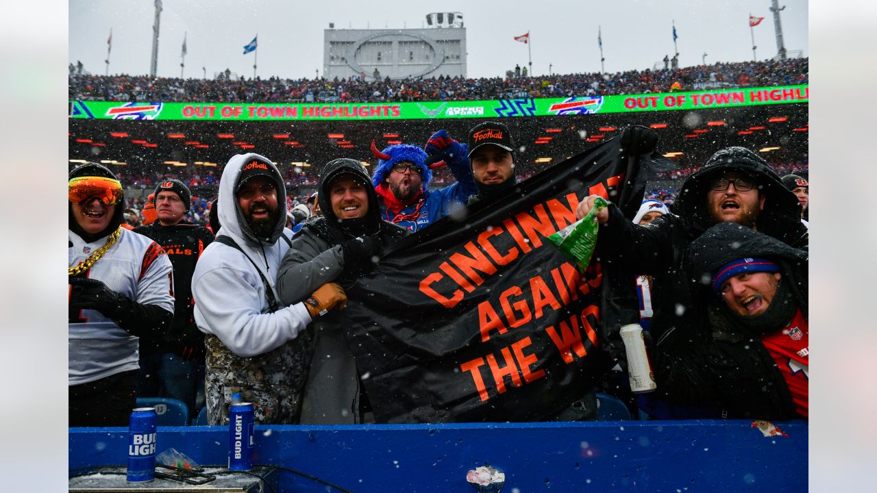 Buffalo Bills fans watch players warm up before an NFL division round  football game between the Buffalo Bills and the Cincinnati Bengals, Sunday,  Jan. 22, 2023, in Orchard Park, N.Y. (AP Photo/Seth