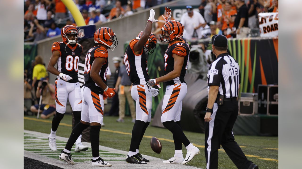 August 22, 2019: Cincinnati Bengals tight end C.J. Uzomah (87) celebrates  with Cincinnati Bengals tight end Cethan Carter (82) after scoring a  touchdown during NFL football preseason game action between the New