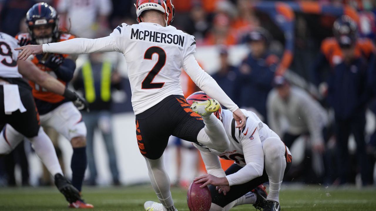 Cincinnati Bengals kicker Evan McPherson (2) runs off the field after an  NFL football game against the New York Jets, Sunday, Oct. 31, 2021, in East  Rutherford, N.J. (AP Photo/Adam Hunger Stock