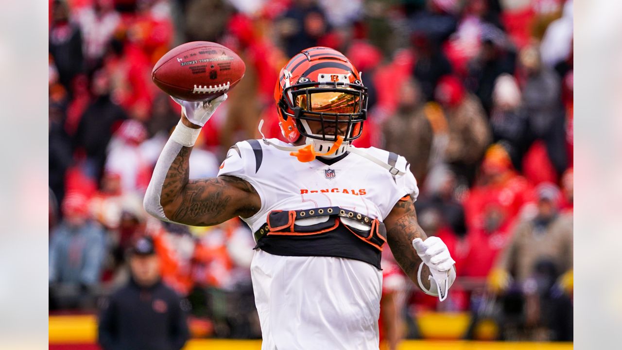 Cincinnati Bengals running back Trayveon Williams takes the opening kickoff  during the first half of the NFL AFC Championship playoff football game  against the Kansas City Chiefs, Sunday, Jan. 29, 2023 in