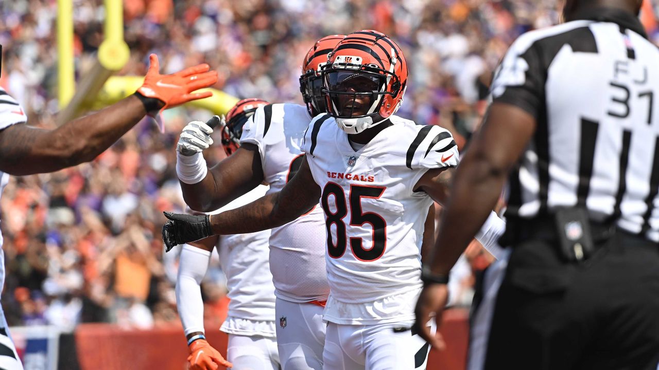 Cincinnati Bengals wide receiver Tee Higgins (85) lines up for the play  during an NFL wild-card football game against the Baltimore Ravens on  Sunday, Jan. 15, 2023, in Cincinnati. (AP Photo/Emilee Chinn