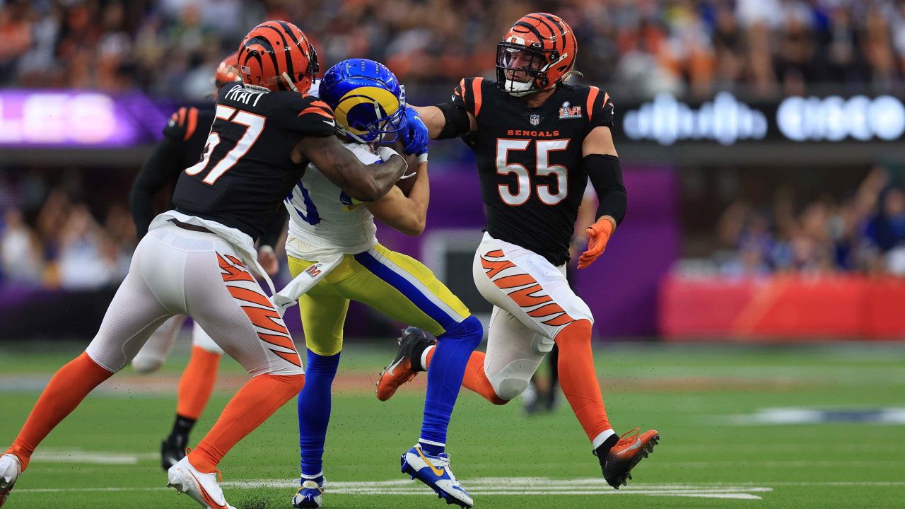 Cincinnati Bengals inside linebacker Logan Wilson (55) in coverage against  the Los Angeles Rams during the NFL Super Bowl 56 football game Sunday,  Feb. 13, 2022, in Inglewood, Calif. (AP Photo/Steve Luciano