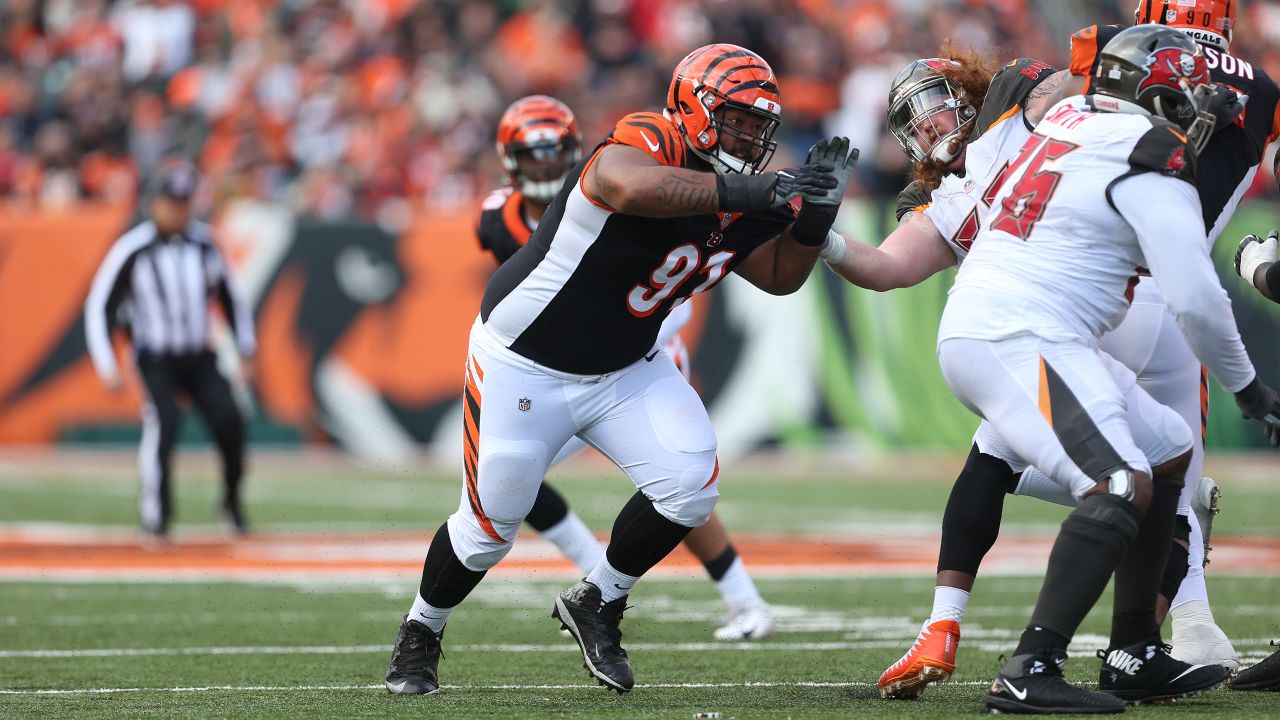 Cincinnati Bengals defensive end Josh Tupou (68) runs off the field after  an NFL football game against the New York Jets, Sunday, Oct. 31, 2021, in  East Rutherford, N.J. (AP Photo/Adam Hunger