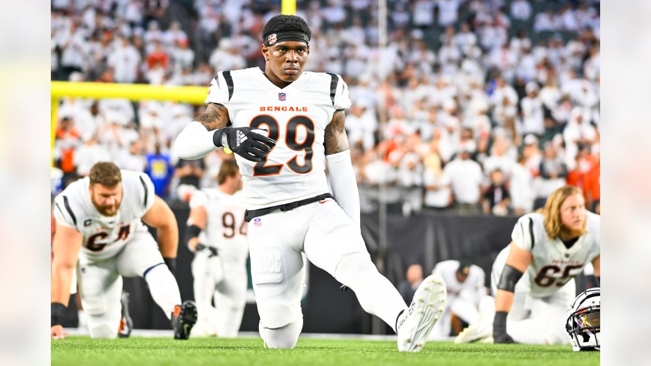 Cincinnati Bengals' BJ Hill (92), Cam Taylor-Britt (29) and Trey  Hendrickson (91) stand in the