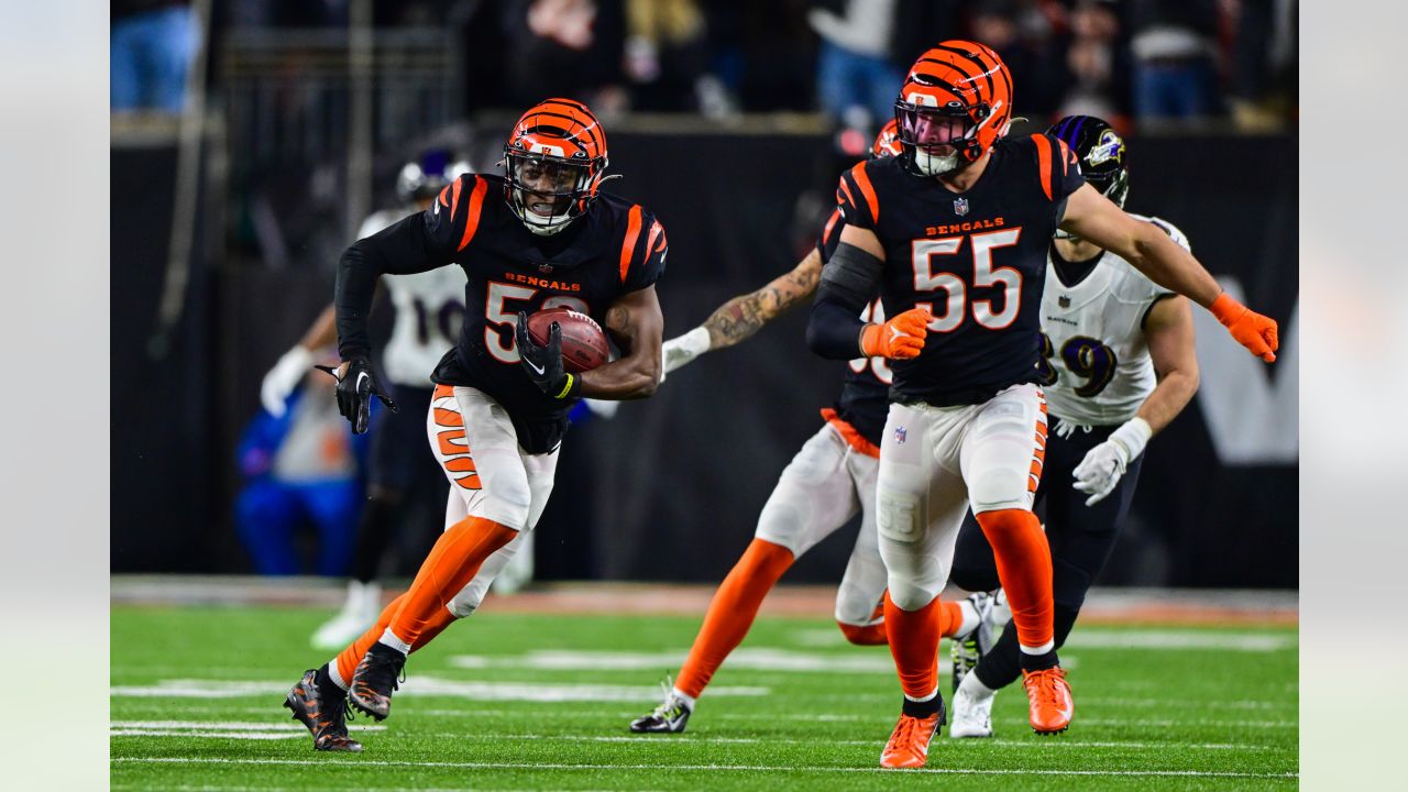 January 15, 2023: Cincinnati Bengals LB Akeem Davis-Gaither (59) celebrates  a tackle with teammate Tre Flowers (33) during an NFL wild card playoff  football game between the Cincinnati Bengals and the Baltimore