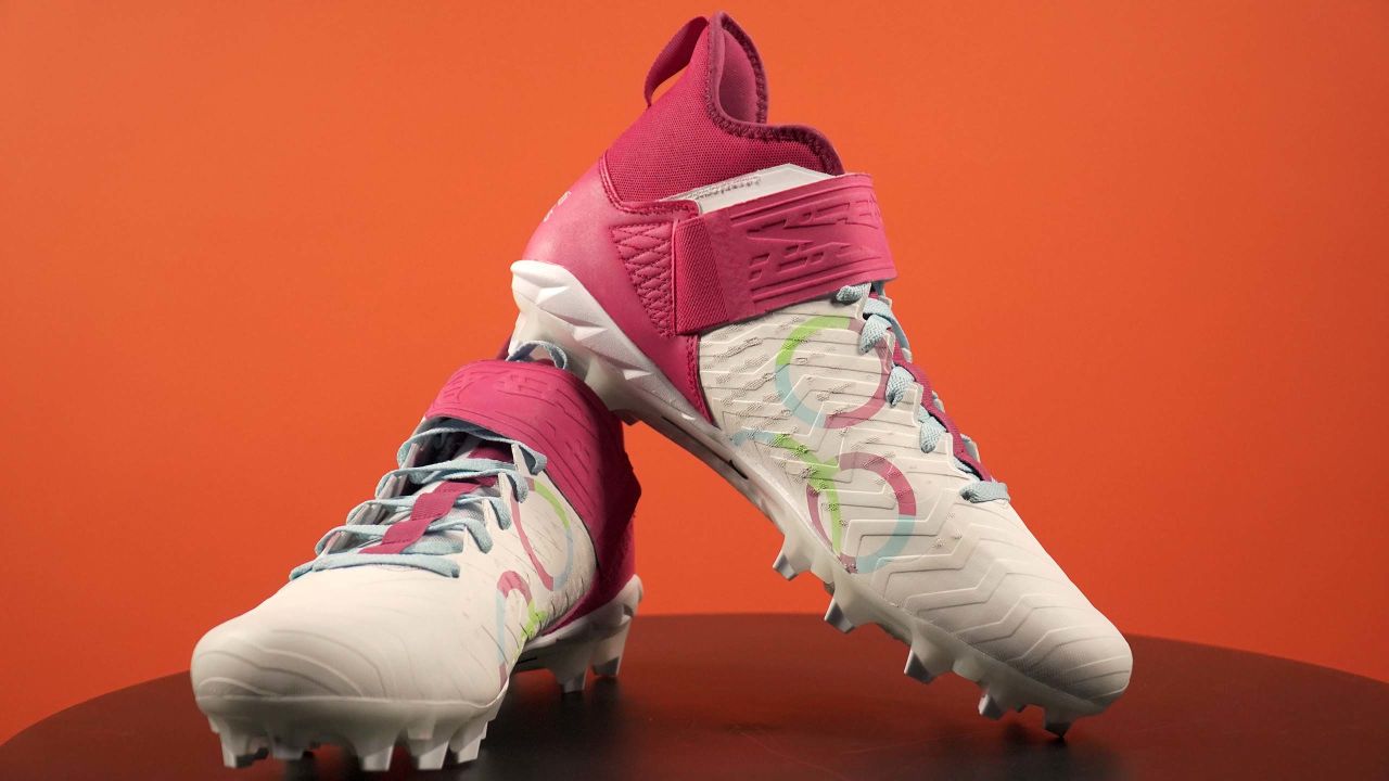 A detailed view of the My Cause My Cleats shoes of Cincinnati Bengals  quarterback Joe Burrow (9) during warm ups before an NFL football game  against the Los Angeles Chargers, Sunday, Dec.