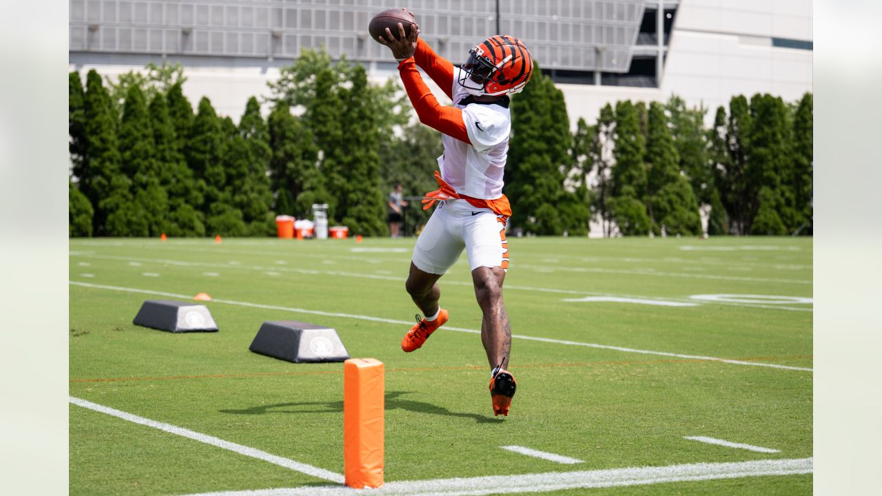 Cincinnati Bengals' Joe Burrow (9) gestures to Ja'Marr Chase (1) during the  NFL football team's training camp, Thursday, July 27, 2023, in Cincinnati.  (AP Photo/Jeff Dean Stock Photo - Alamy