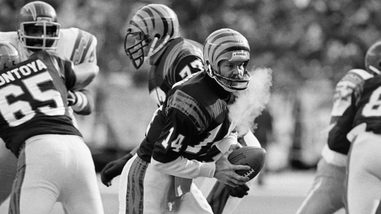 Cincinnati Bengals quarterback Ken Anderson (14) smiles as he congratulates  Cleveland Browns' quarterback Brian Sipe (17)