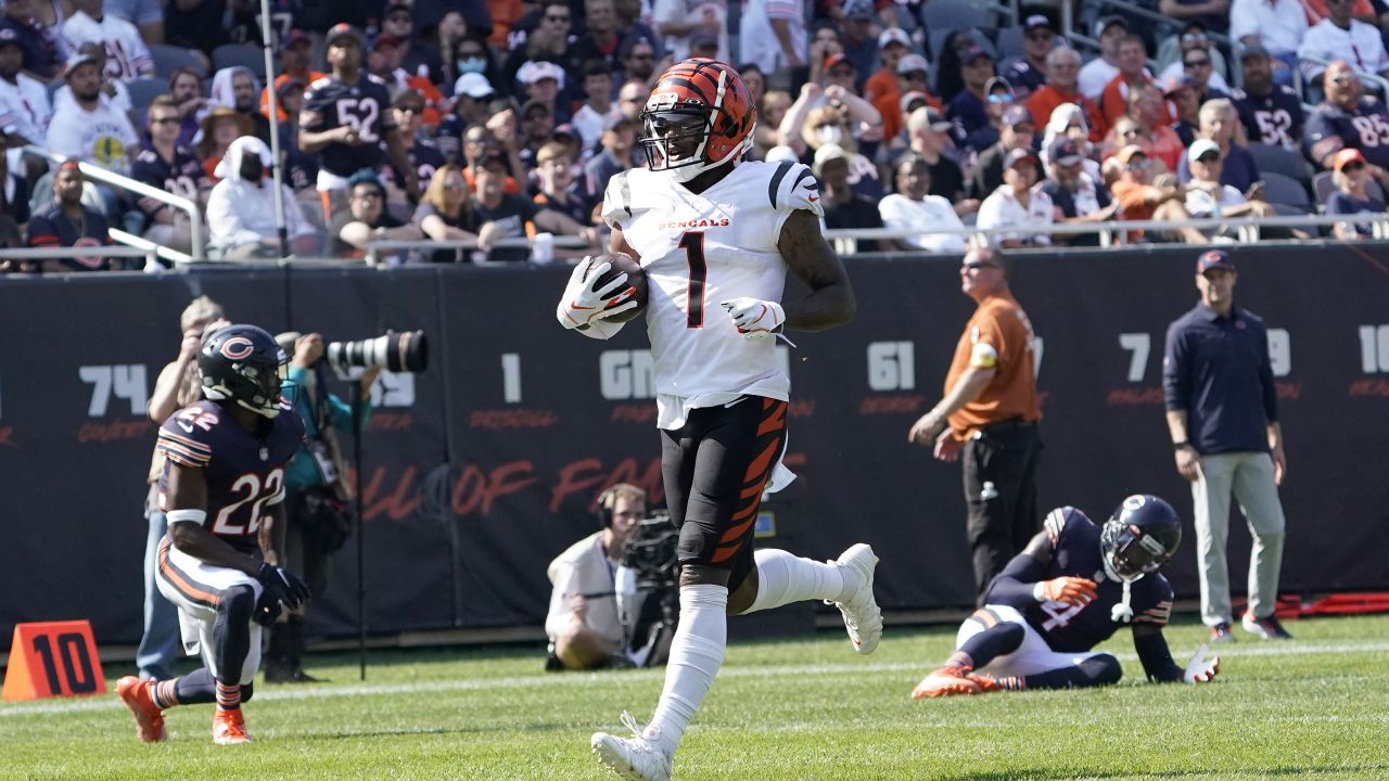 Chicago Bears safety Eddie Jackson (38) intercepts the football from Cincinnati  Bengals' A.J. Free (18) during the second half of play against the Cincinnati  Bengals at Paul Brown Stadium in Cincinnati, Ohio