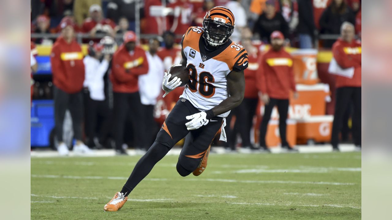 Cincinnati Bengals running back Trayveon Williams takes the opening kickoff  during the first half of the NFL AFC Championship playoff football game  against the Kansas City Chiefs, Sunday, Jan. 29, 2023 in