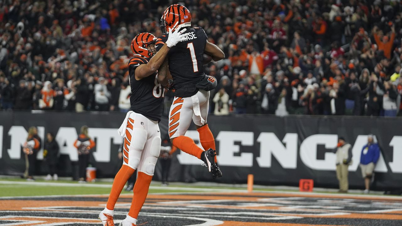 Cincinnati Bengals wide receiver Ja'Marr Chase (1) celebrates after a catch  during an NFL football game against the San Francisco 49ers, Sunday, Dec.  12, 2021, in Cincinnati. San Francisco won 26-23 in