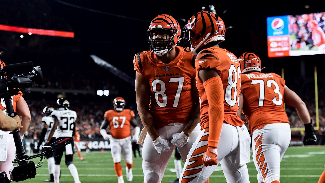 Cincinnati Bengals kicker Evan McPherson (2) high fives safety Vonn Bell  (24) during the second half