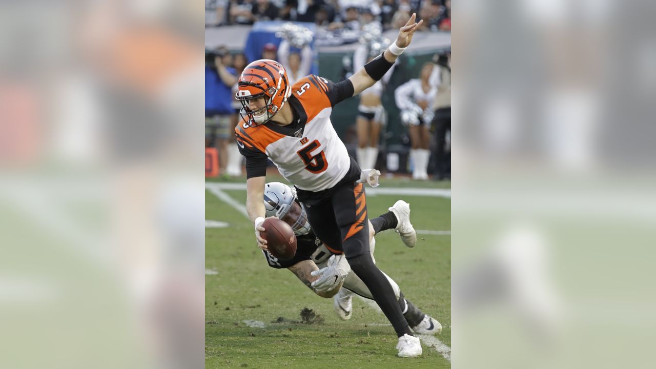 Cincinnati Bengals quarterback Ryan Finley is sacked by Oakland