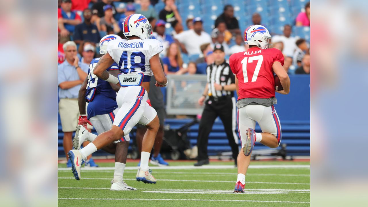 Buffalo Bills - Buffalo Bills QB Josh Allen #17 - Return of the Blue & Red  Practice at New Era Field. Photo by Bill Wippert August 3, 2018