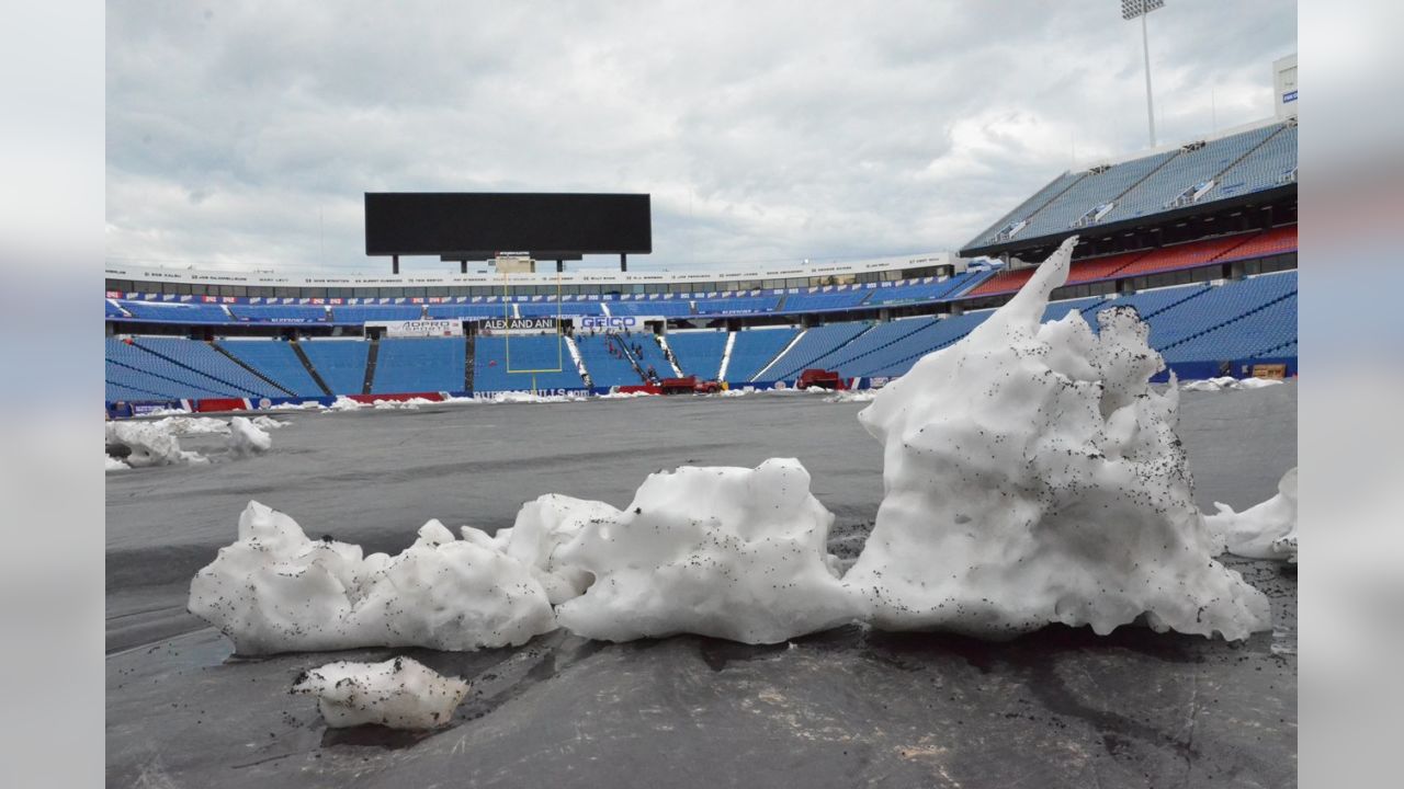 Bills spread rubber pellets all over the place when they tried to clear  snow off the field 