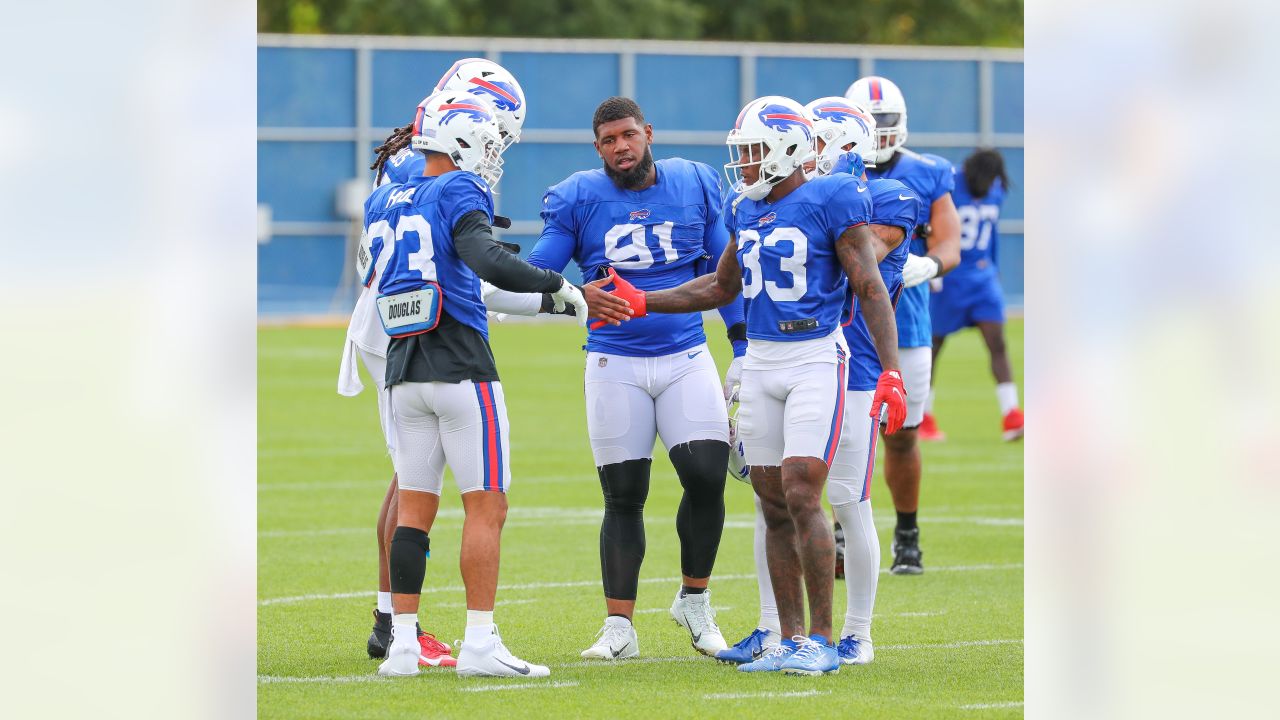 Buffalo Bills tackle Spencer Brown (79) walks on the field during