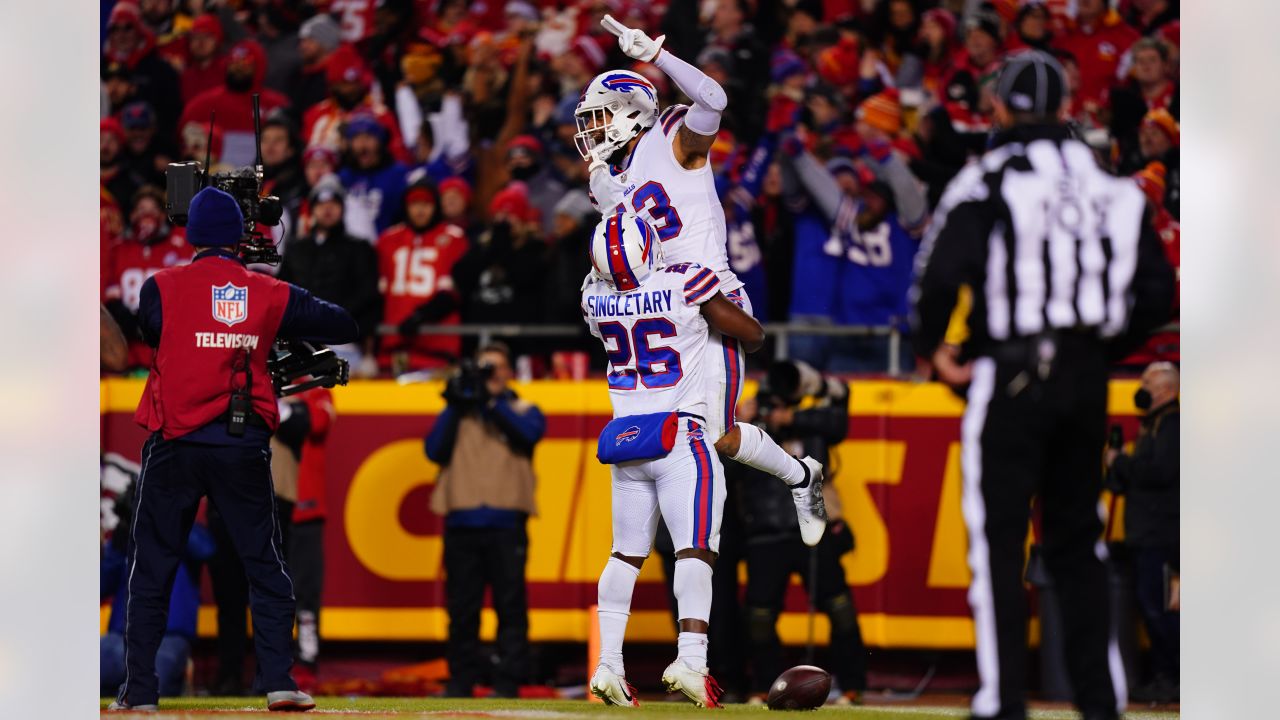 Buffalo Bills vs. Kansas City Chiefs. NFL Game. American Football League  match. Silhouette of professional player celebrate touch down. Screen in  back Stock Photo - Alamy