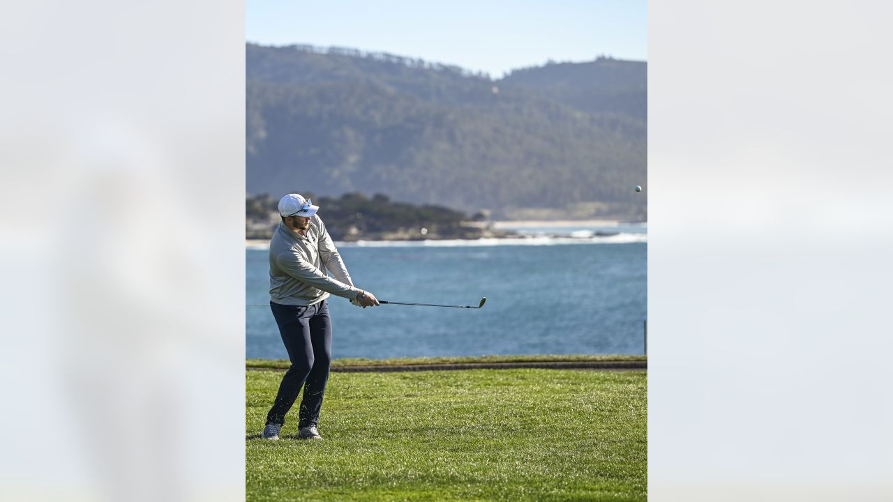 NFL Quarterback Josh Allen throws his ball to 18th green at Pebble Beach