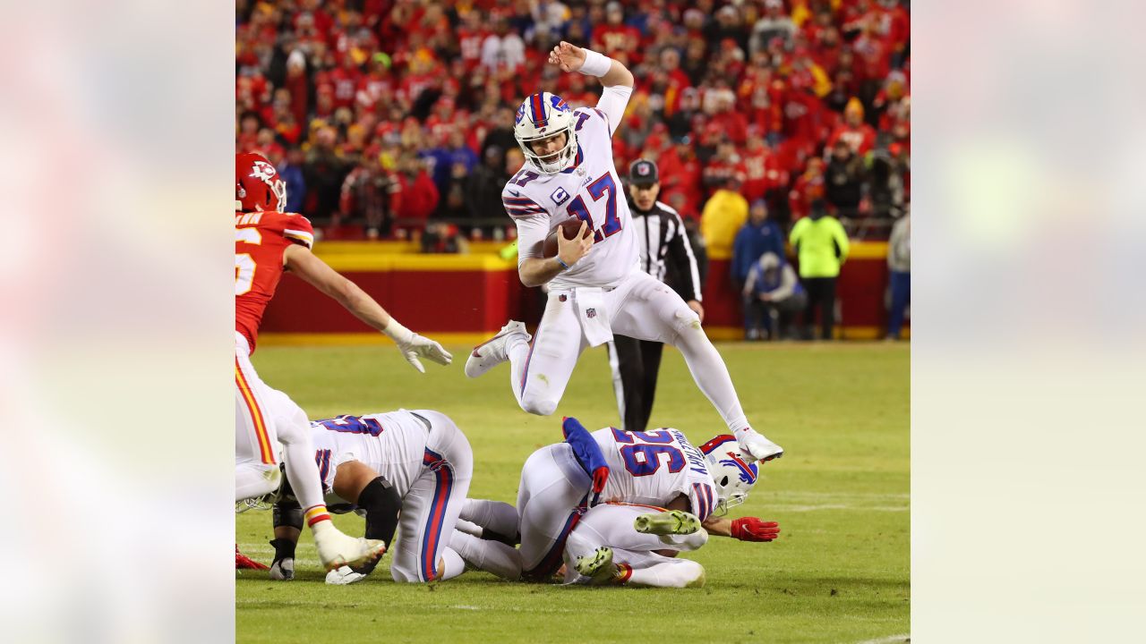 Buffalo Bills Quarterback Josh Allen Hurdles over Defenders During An AFC  match up 8x10 Action Photo Picture