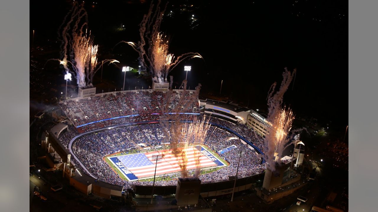 Buffalo Bills Stadium  Aerial Drone Sunset Ralph Wilson Stadium Highmark  Orchard Park, New York 