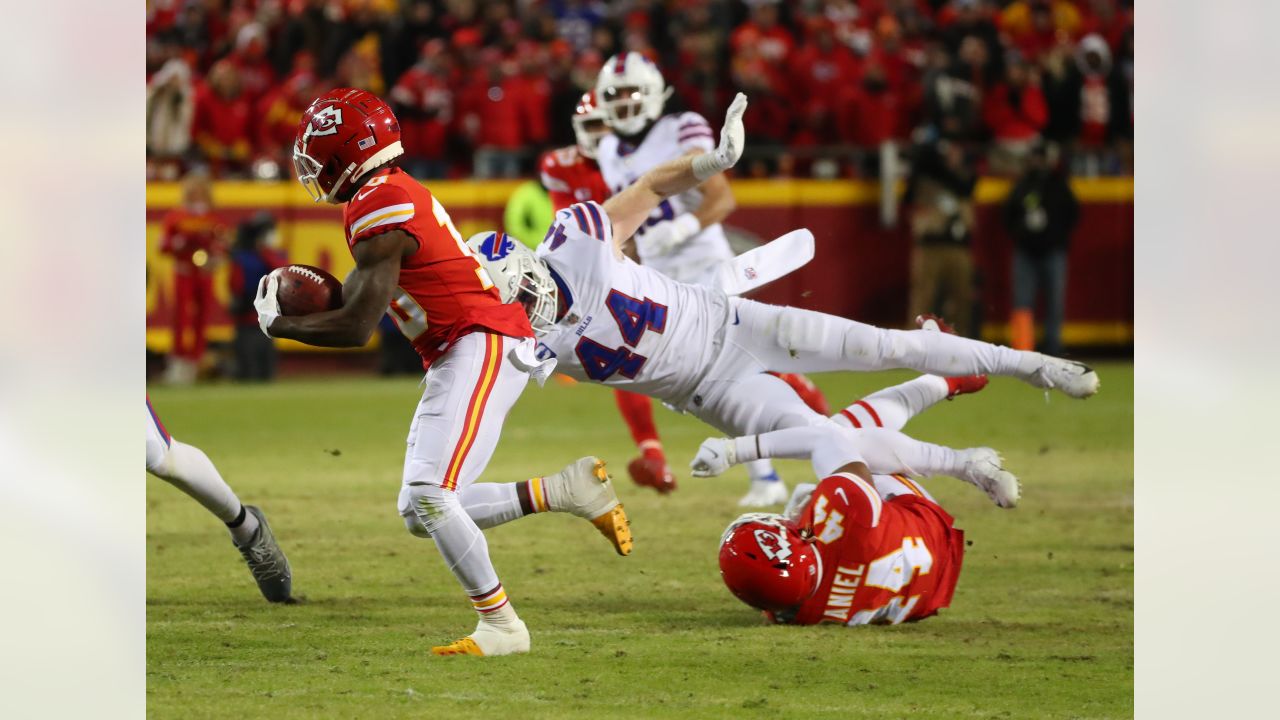 Buffalo Bills vs. Kansas City Chiefs. NFL Game. American Football League  match. Silhouette of professional player celebrate touch down. Screen in  back Stock Photo - Alamy