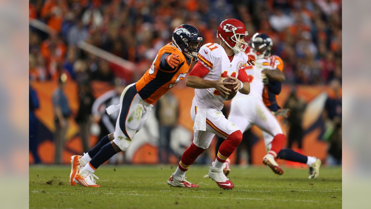 Denver Broncos linebacker Von Miller (58) and linebacker Alexander Johnson  (45) follow a play during the first half of an NFL football game against  the Jacksonville Jaguars, Sunday, Sept. 19, 2021, in