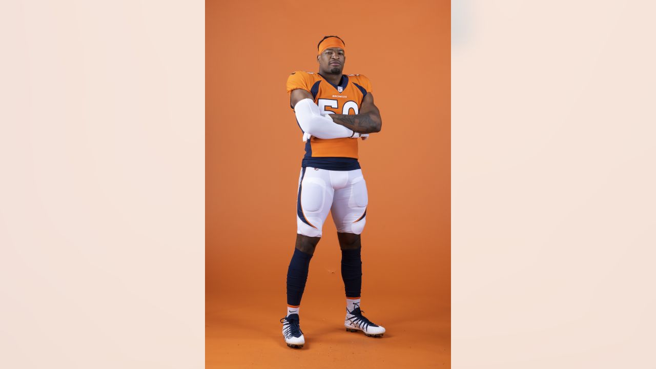 Denver Broncos inside linebacker Barrington Wade takes the practice field  during the NFL football team's training camp Tuesday, Aug. 2, 2022, at the  team's headquarters in Centennial, Colo. (AP Photo/David Zalubowski Stock