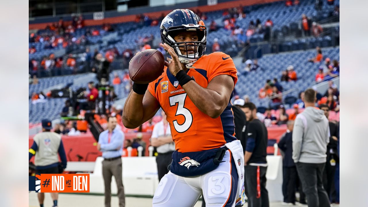 Denver Broncos quarterback Russell Wilson (3) looks at the defense of the Indianapolis  Colts during an NFL football game, Thursday, Oct. 7, 2022, in Denver. (AP  Photo/Jack Dempsey Stock Photo - Alamy