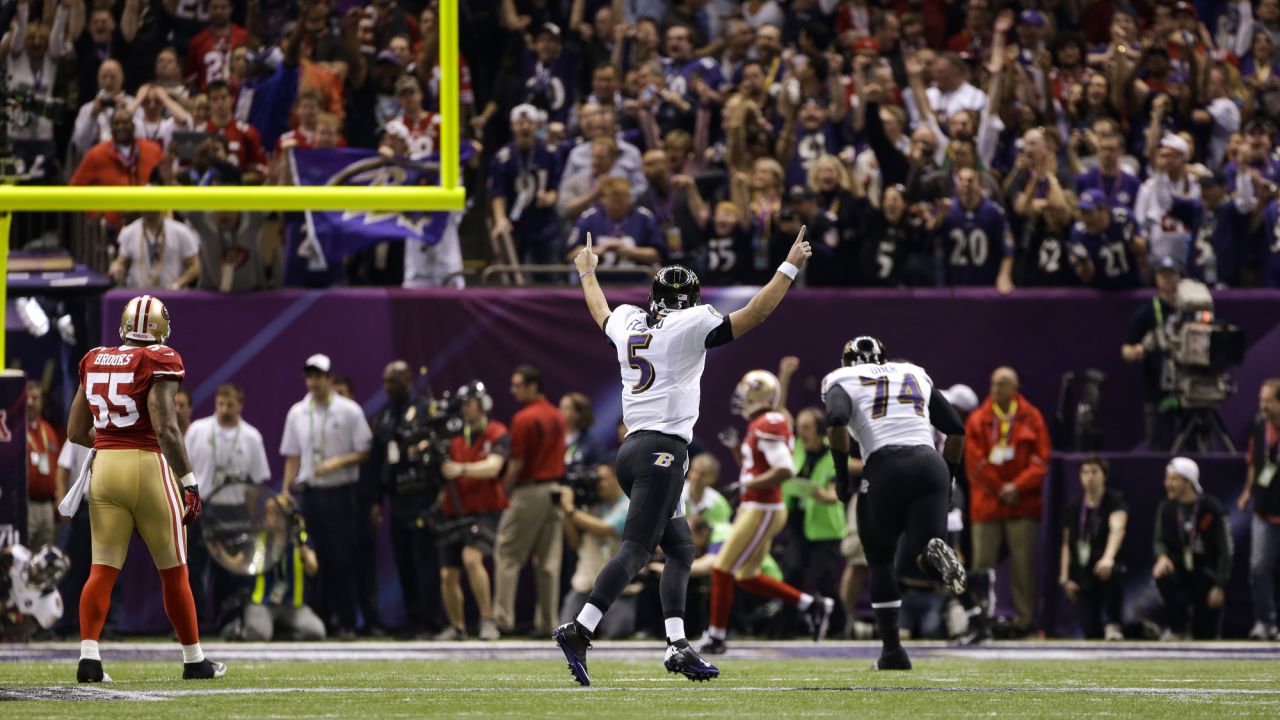 San Francisco 49ers outside linebacker Ahmad Brooks reacts after sacking  Baltimore Ravens quarterback Joe Flacco during the third quarter in the NFL  Super Bowl XLVII football game in New Orleans, …