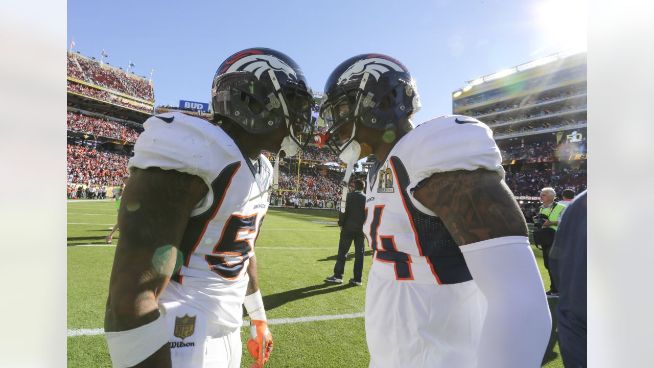 A Super Bowl 50 patch is shown on the jersey of Denver Broncos wide  receiver Demaryius